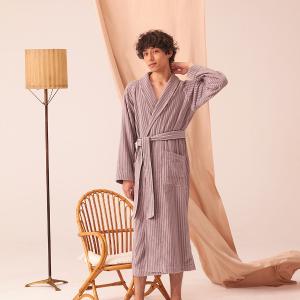 條紋綁帶純棉浴袍/男款_粉藕紫