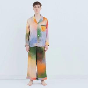 渡假風情款 水彩紋純蠶絲長袖長褲睡衣套裝_迷霧湖畔