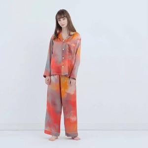 渡假風情款 水彩紋純蠶絲長袖長褲睡衣套裝_晚霞