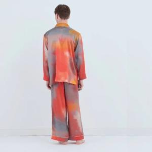 渡假風情款 水彩紋純蠶絲長袖長褲睡衣套裝_晚霞