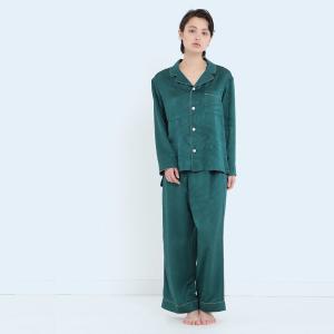 純蠶絲提花水紋長袖長褲睡衣套裝_水紋綠