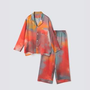 渡假風情款 水彩紋純蠶絲長袖長褲睡衣套裝_晚霞