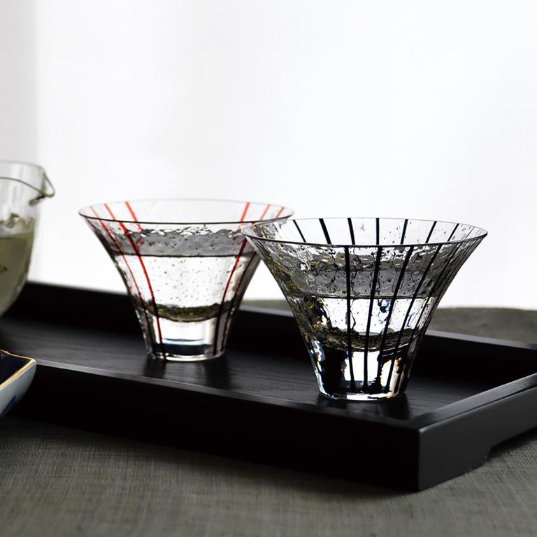 東洋佐佐木 日本八千代窯 江戶硝子 手工色線金箔冷酒杯 木盒組-花月見