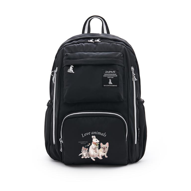 B.S.D.S冰山袋鼠 - 動物派對 - 輕旅大容量附插袋後背包 - 霧黑色【Z060-3K】