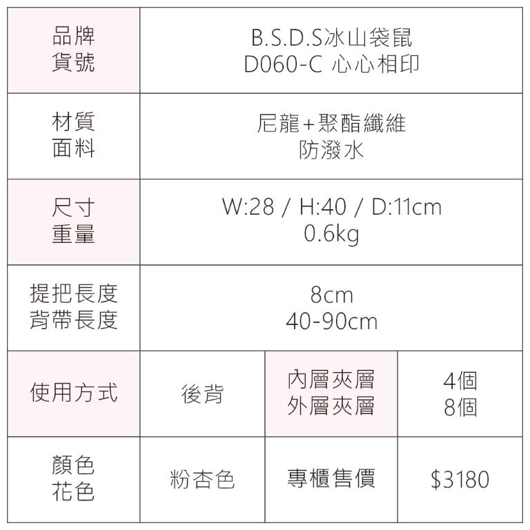 B.S.D.S冰山袋鼠 - 心心相印 - 溫柔大容量附插袋後背包 - 粉杏色【D060-C】