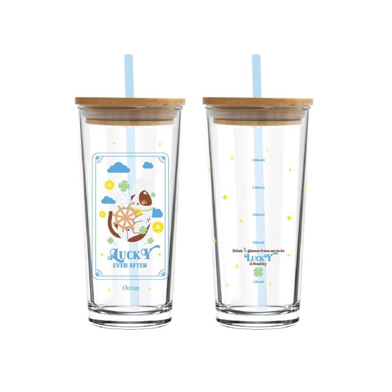 Ocean 幸運貓刻度玻璃杯(贈木蓋+吸管)-570ml/1入