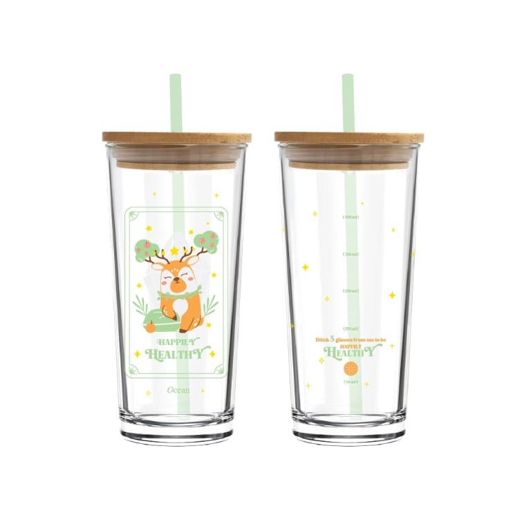 Ocean 麋鹿刻度玻璃杯(贈木蓋+吸管)-570ml/1入