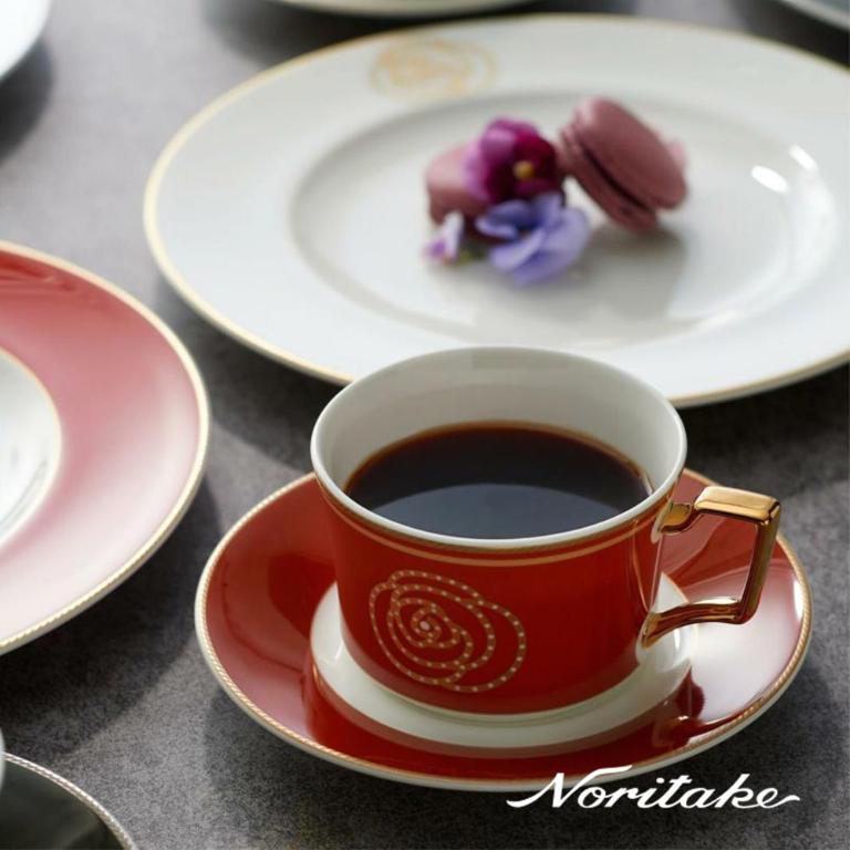 Noritake 玫瑰紅咖啡單客杯(金邊)(骨瓷)(精緻禮盒)