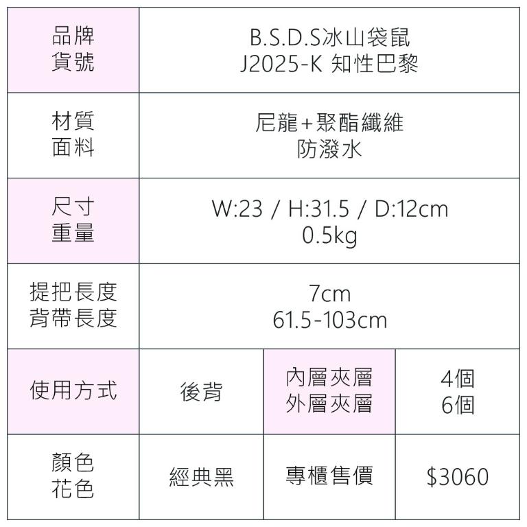 B.S.D.S冰山袋鼠 - 知性巴黎 - 優雅美學實搭多層後背包 - 經典黑【J2025-K】