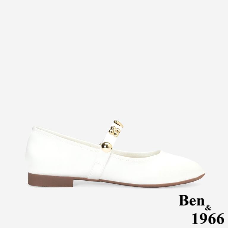 Ben&1966高級絲綢緞布金屬釦飾瑪莉珍鞋-白(256202)