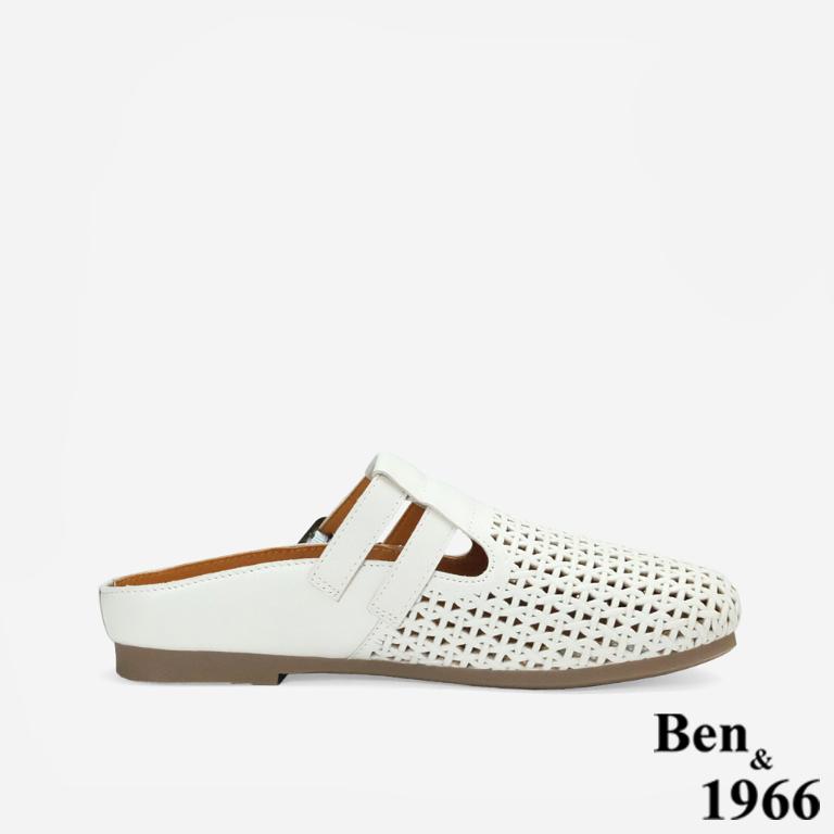 Ben&1966高級打蠟羊皮沖孔休閒穆勒拖-米白(256232)