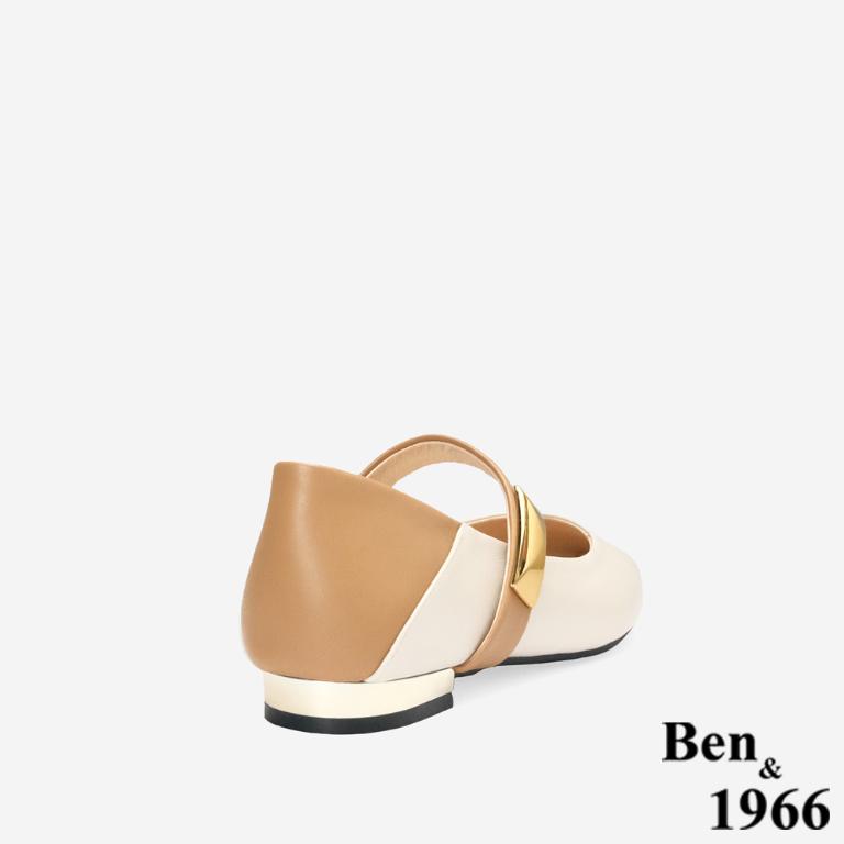 Ben&1966高級頭層牛皮撞色瑪莉珍鞋-米白(256162)