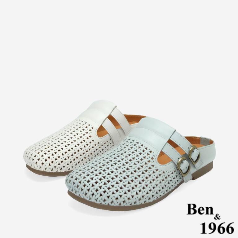 Ben&1966高級打蠟羊皮沖孔休閒穆勒拖-灰藍(256231)