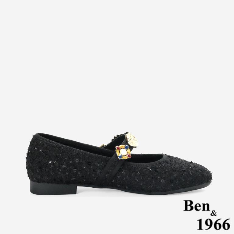 Ben&1966質感格紋布寶石釦飾瑪莉珍鞋-黑(256191)
