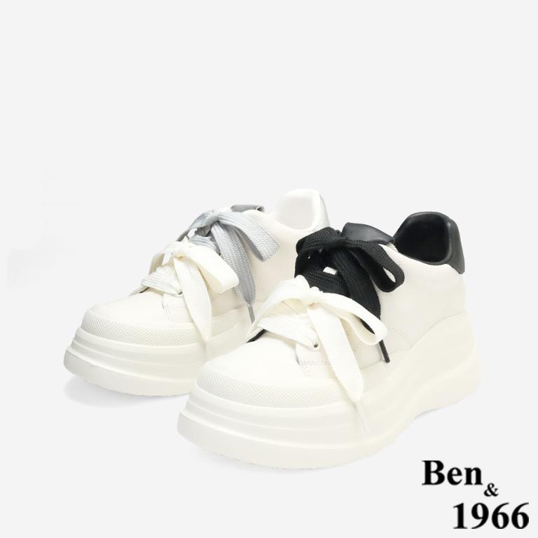 Ben&1966質感牛皮撞色蝴蝶結綁帶厚底休閒鞋-銀(256032)