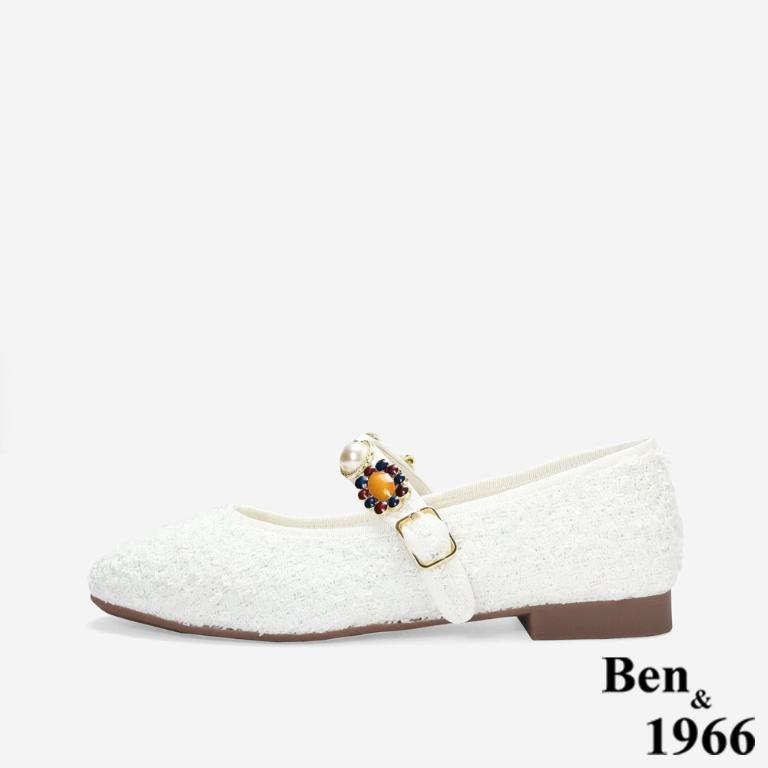 Ben&1966質感格紋布寶石釦飾瑪莉珍鞋-白(256192)