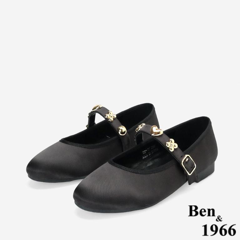 Ben&1966高級絲綢緞布金屬釦飾瑪莉珍鞋-黑(256201)