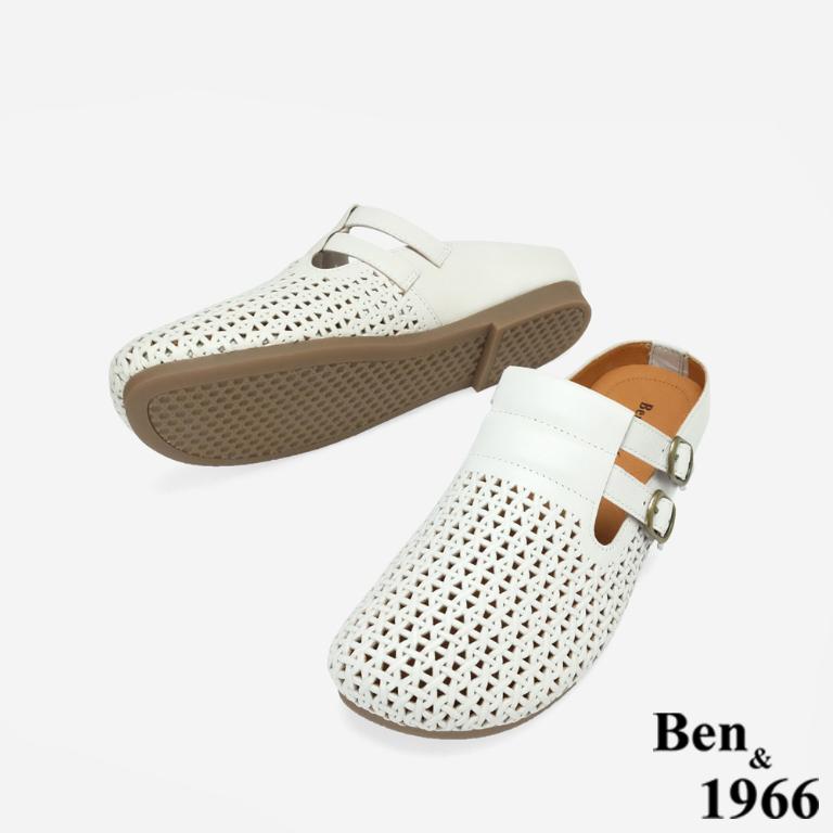 Ben&1966高級打蠟羊皮沖孔休閒穆勒拖-米白(256232)