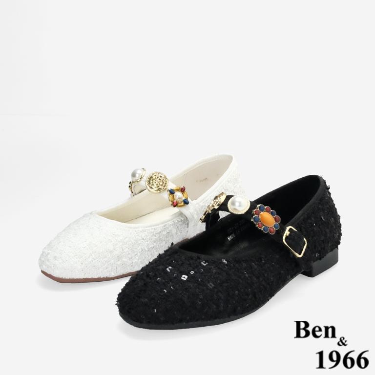 Ben&1966質感格紋布寶石釦飾瑪莉珍鞋-黑(256191)
