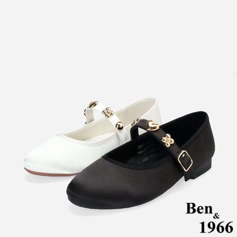 Ben&1966高級絲綢緞布金屬釦飾瑪莉珍鞋-白(256202)