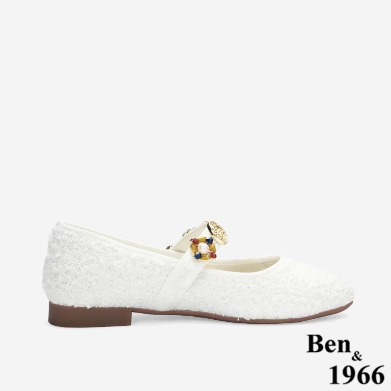 Ben&1966質感格紋布寶石釦飾瑪莉珍鞋-白(256192)