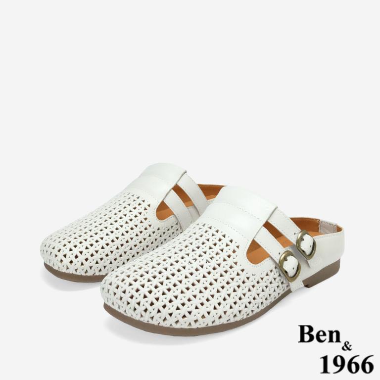 Ben&1966高級打蠟羊皮沖孔休閒穆勒拖-米白(256232)