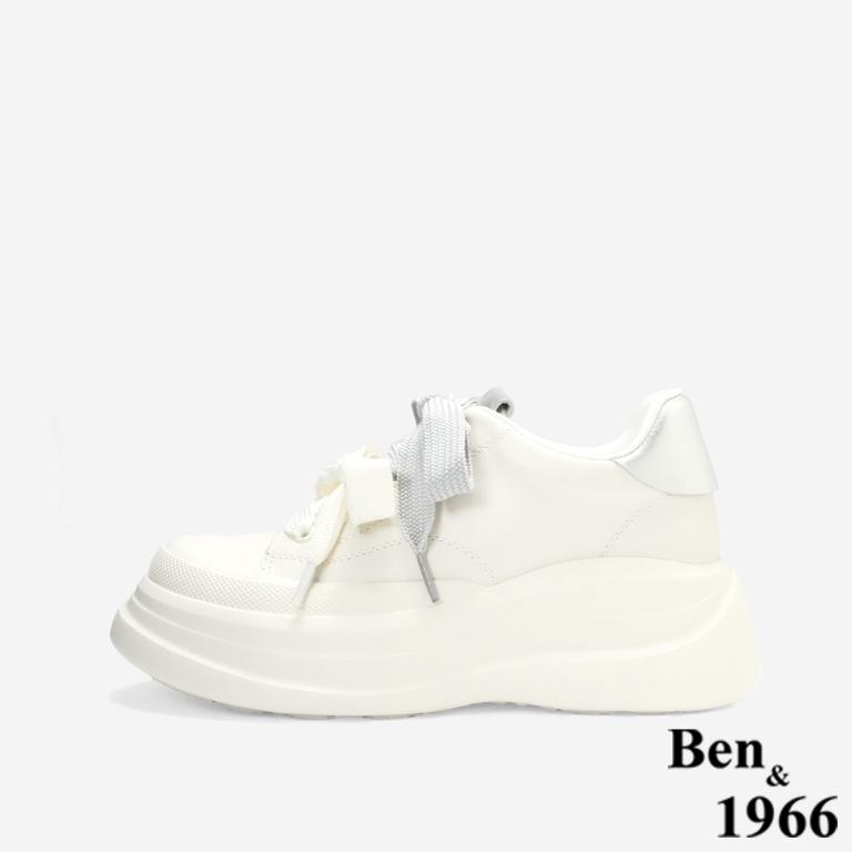 Ben&1966質感牛皮撞色蝴蝶結綁帶厚底休閒鞋-銀(256032)