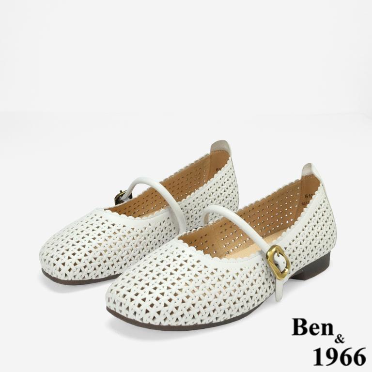 Ben&1966高級打蠟羊皮沖孔氣質瑪莉珍鞋-米白(256142)