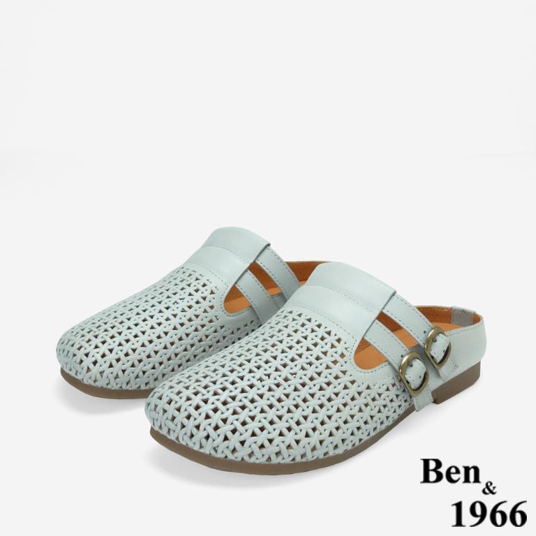 Ben&1966高級打蠟羊皮沖孔休閒穆勒拖-灰藍(256231)