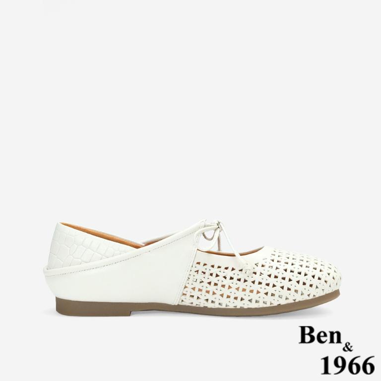 Ben&1966高級打蠟羊皮沖孔綁帶造型包鞋-米白(256222)