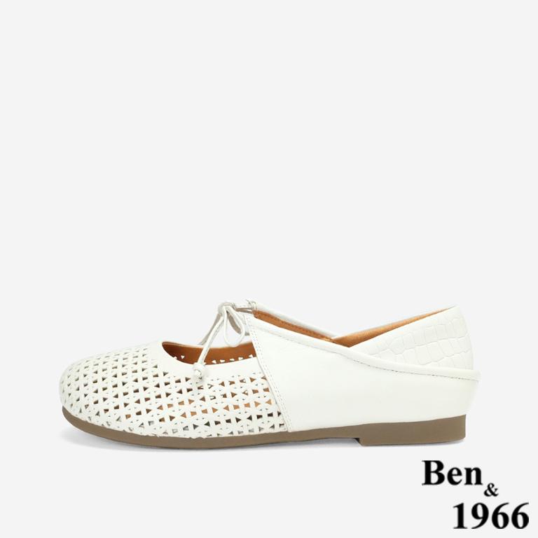 Ben&1966高級打蠟羊皮沖孔綁帶造型包鞋-米白(256222)