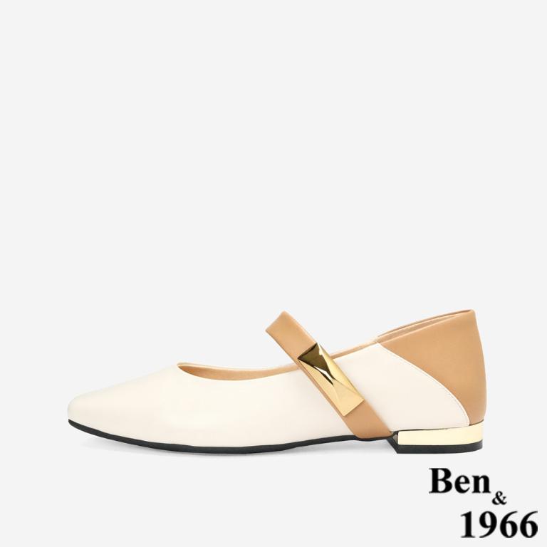 Ben&1966高級頭層牛皮撞色瑪莉珍鞋-米白(256162)