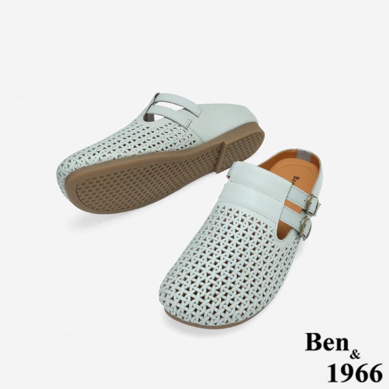 Ben&1966高級打蠟羊皮沖孔休閒穆勒拖-灰藍(256231)