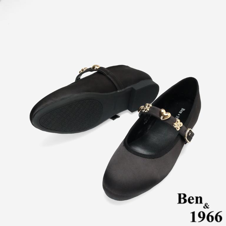 Ben&1966高級絲綢緞布金屬釦飾瑪莉珍鞋-黑(256201)