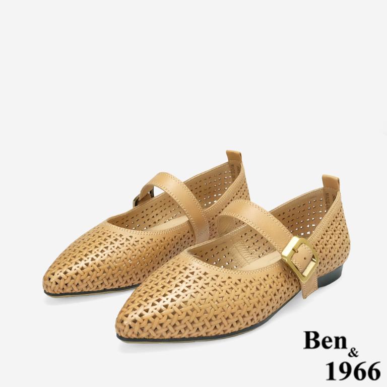 Ben&1966高級打蠟羊皮沖孔尖頭瑪莉珍鞋-太妃糖棕(256211)