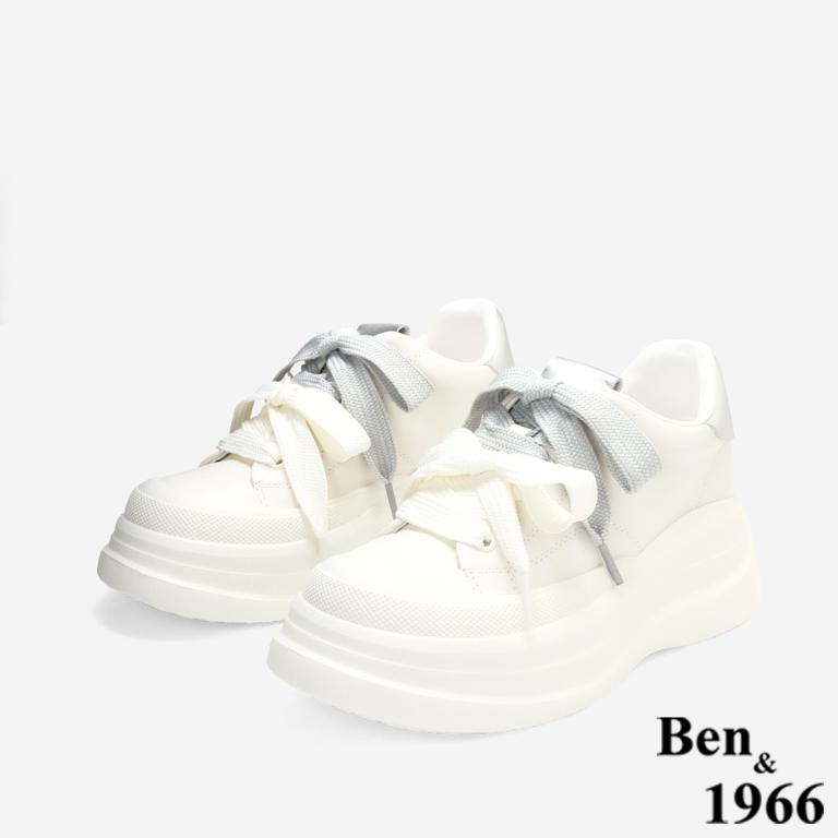 Ben&1966質感牛皮撞色蝴蝶結綁帶厚底休閒鞋-銀(256032)