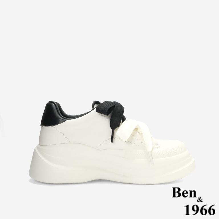 Ben&1966質感牛皮撞色蝴蝶結綁帶厚底休閒鞋-黑(256031)