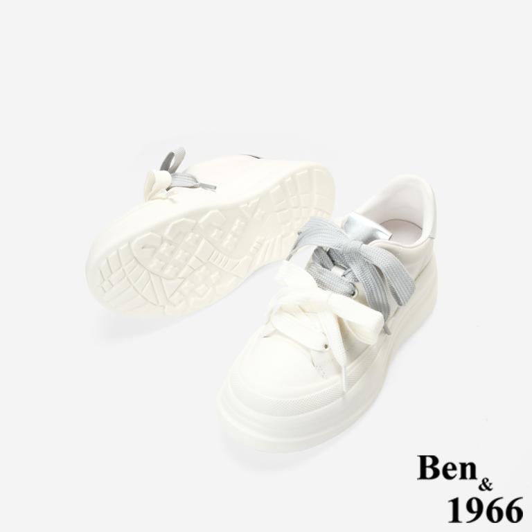 Ben&1966質感牛皮撞色蝴蝶結綁帶厚底休閒鞋-銀(256032)