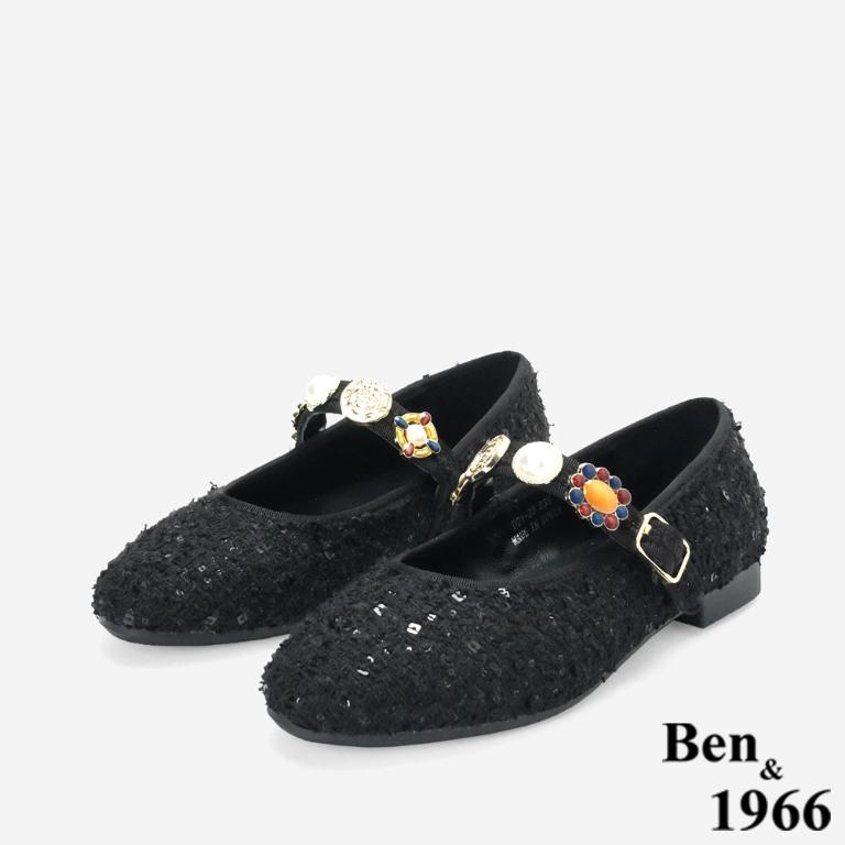 Ben&1966質感格紋布寶石釦飾瑪莉珍鞋-黑(256191)