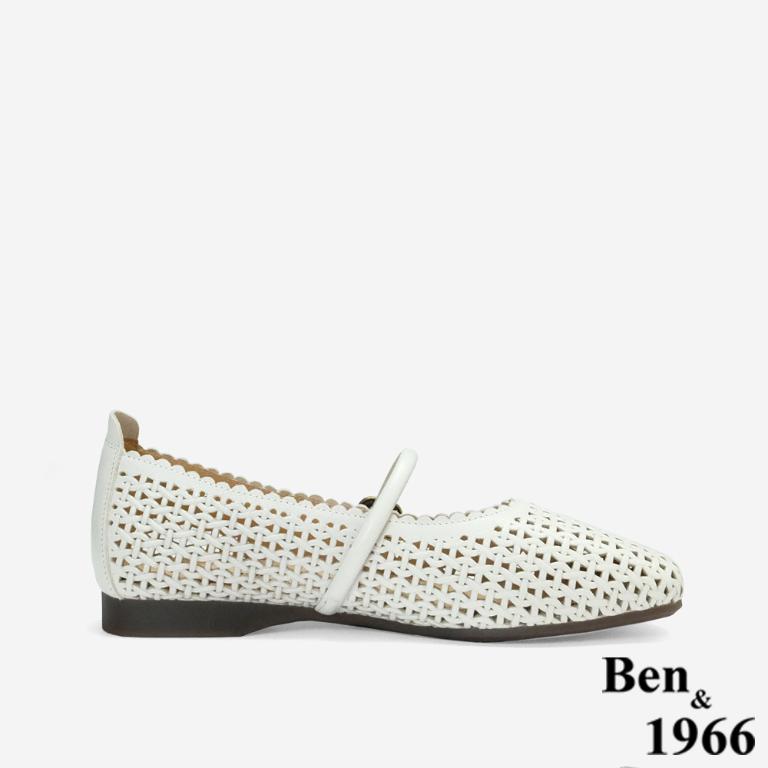 Ben&1966高級打蠟羊皮沖孔氣質瑪莉珍鞋-米白(256142)