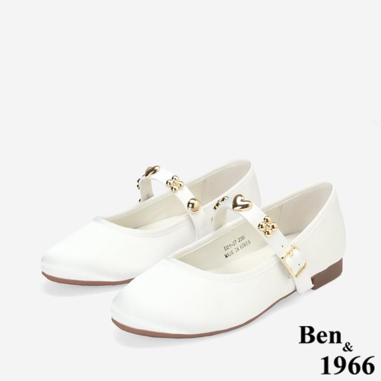 Ben&1966高級絲綢緞布金屬釦飾瑪莉珍鞋-白(256202)