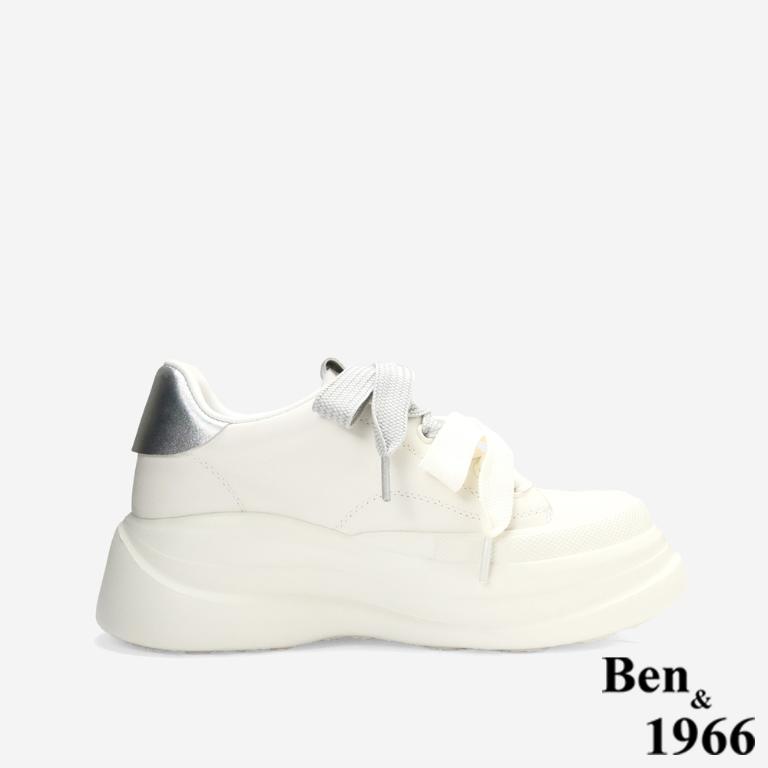 Ben&1966質感牛皮撞色蝴蝶結綁帶厚底休閒鞋-銀(256032)