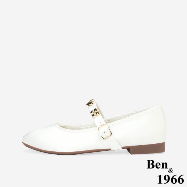 Ben&1966高級絲綢緞布金屬釦飾瑪莉珍鞋-白(256202)