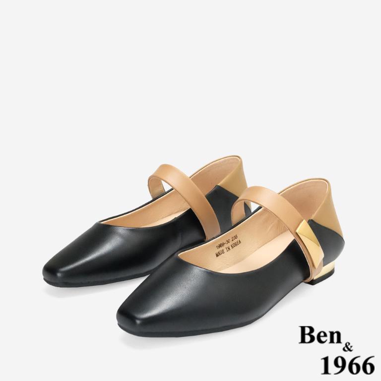 Ben&1966高級頭層牛皮撞色瑪莉珍鞋-黑(256161)
