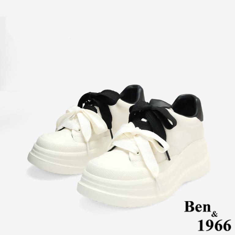 Ben&1966質感牛皮撞色蝴蝶結綁帶厚底休閒鞋-黑(256031)