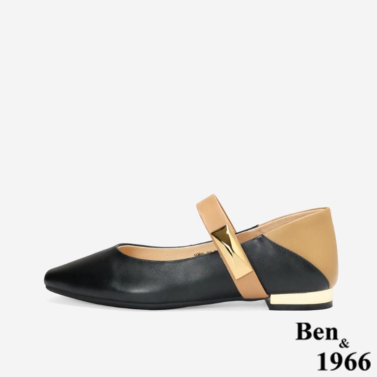 Ben&1966高級頭層牛皮撞色瑪莉珍鞋-黑(256161)