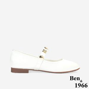 Ben&1966高級絲綢緞布金屬釦飾瑪莉珍鞋-白(256202)
