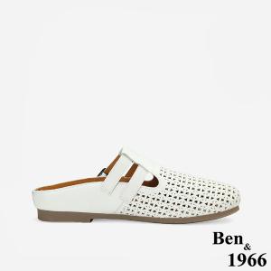 Ben&1966高級打蠟羊皮沖孔休閒穆勒拖-米白(256232)