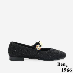 Ben&1966質感格紋布寶石釦飾瑪莉珍鞋-黑(256191)