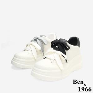 Ben&1966質感牛皮撞色蝴蝶結綁帶厚底休閒鞋-銀(256032)